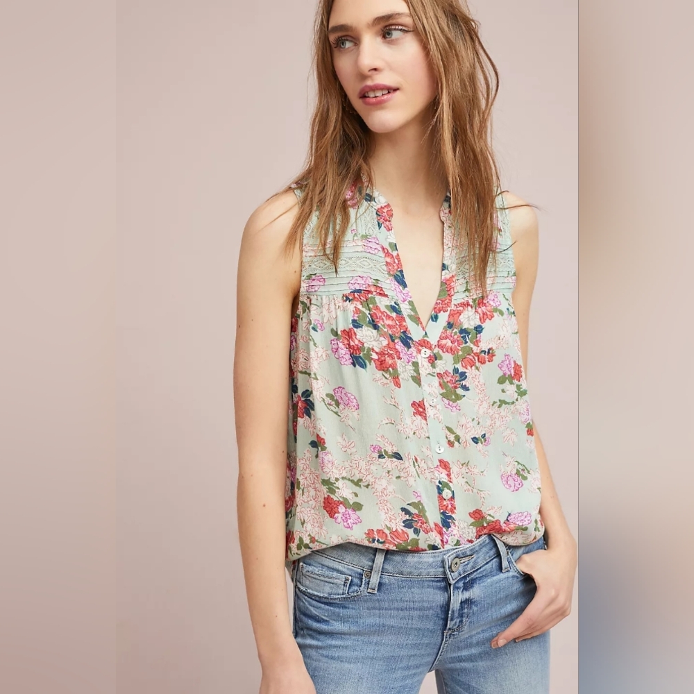 💘 Anthro Meadow Rue Pintucked Sleeveless Button Down